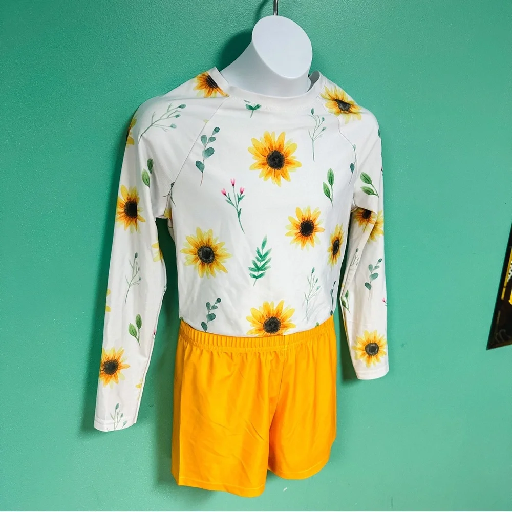 NWOT Pixie Girl 2-Piece Long Sleeve & Shorts Sunflower Rashguard Swimsuit 14/16